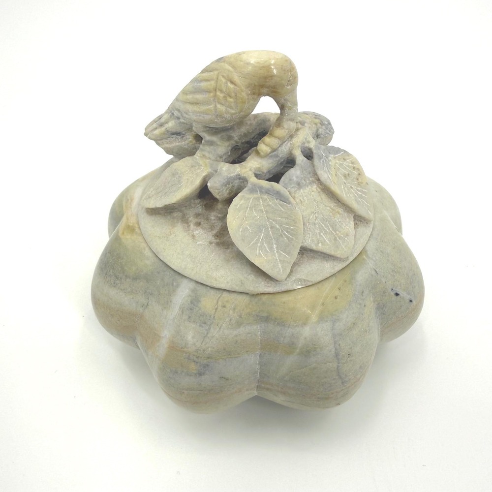 Vintage Hand Carved Stone Bird On Branch Lid Trinket Jar Box Keepsake